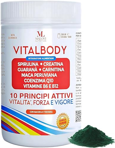 MALOVI Vitalbody 200 Gr Integratori Energia Stanchezza Fisica E Mentale, Integratore Memoria E Concentrazione,Con Spirulina Creatina Carnitina Guarana Maca Bacopa Monnieri Coenzima Q10 Vitamina B6 B12