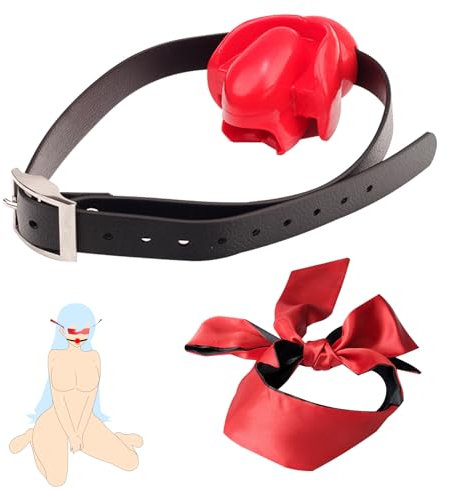 BDSMJOY Neu BDSM Silikon Ball Gag Zungenfixierung Knebel Mund Extrem,mit Satin Augenmaske SM Augenbinde,Einstellbar Ballknebel Mundknebel SM für Frauen,Fetisch Sklavin Bondageset Fessel Set (Rot)