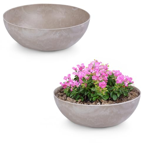 matches21 Lot de 2 grands bols décoratifs vintage pour l'extérieur - Sable beige marbré - 30 x 9 cm - Pour jardin, balcon ou cimetière