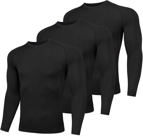 AMZSPORT Kompressionströja herr 3-pack termisk långärmad t-shirt gym kompressionströja cykling löpning sport, Svart, M