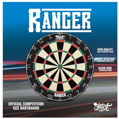 Shot Darts Dartboard-Ranger Steel Tip Bristle Dartboard Official Competition size Finest self healing sisal bristles Rotatable number line Knife Wire Framing & Staple Free Bullseye Made in New Zealand