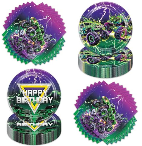 ACIYHN 40Pcs Green Purple Monster Truck Party Paper Plates for Monster Truck Birthday Racing Car Theme Disposable Tableware Dinnerware Set for Kids Boys Baby Shower Birthday Party Supplies