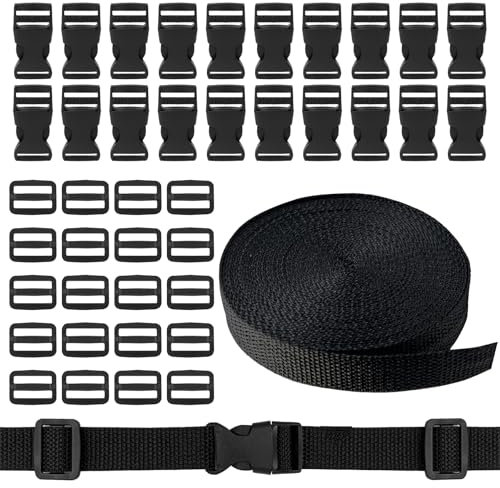 Correa de nailon de 10 m con 20 pares de hebillas, 20 mm, correa de nailon negro con cierre rápido para mochila, equipaje o collar de perro