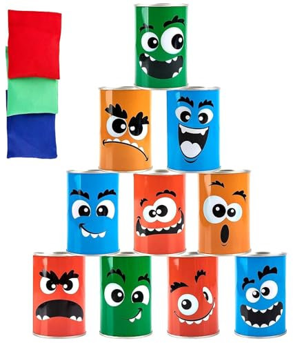 The Magic Toy Shop Tin Can Alley – Toss Bean Bags At Tin Cans - Fun Indoor & Outdoor Party Game For Children & Families – Garden Game For Kids and Adults - Ideal For Sports Days & Carnivals