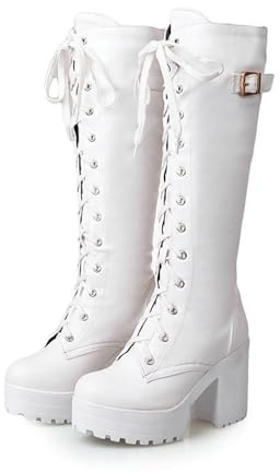 Stivali Gotici Stringati Con Fibbie Boots Da Donna Con Gambale Lungo E Plateau, Alti Fino Al Ginocchio Con Tacco Largo Stivali Da Neve Impermeabili In Pelle PU Calde Scarpe Invernali(White,36 EU)