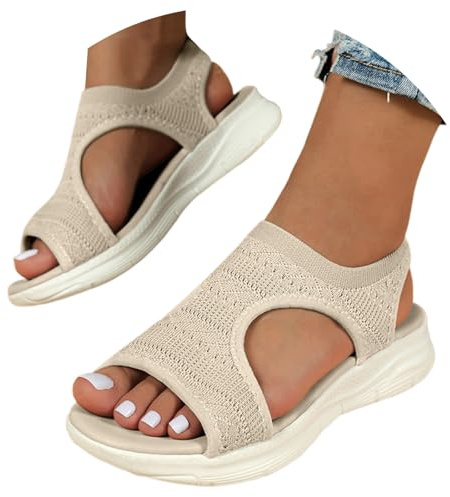 Sandales Femme orthopédiques PVUCpot pour Femmes - Sandales Été Bout Ouvert - Sandale de Plage Légère Confortable - Respirante Tricot - Sandale de Sport De Marche - Beige - Taille 37 EU