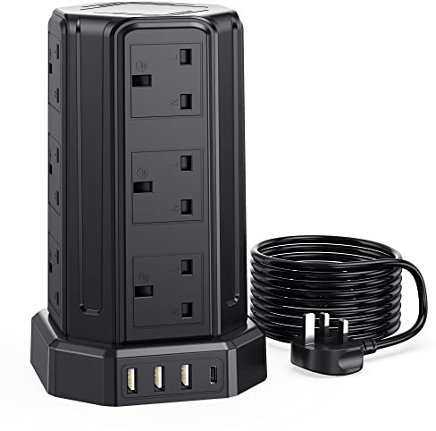 Extension Lead 5M, [13A 3250W] 12 Way Tower Extension Lead Multi Plug Extension Sockets with 4 USB Slots, Surge Protector Extension Cable 5M for Home, Office, Kitchen
