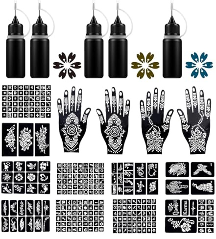 Kit de tatuajes de henna, 5 tintas, 14 hojas, plantillas de henna con purpurina, tatuajes temporales, plantillas de tatuajes temporales, pegatinas para mujeres y niñas (B)
