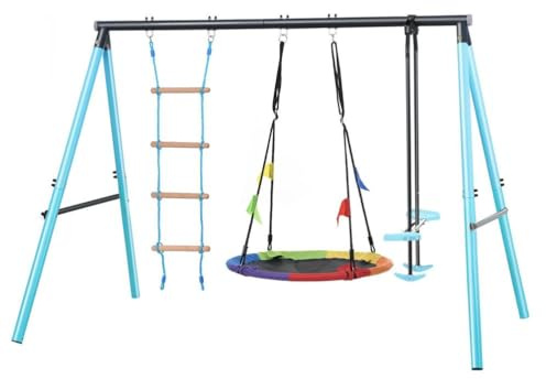 Mixtric Columpio Infantil con Balancín con Estructura De Metal Columpio Nido De Árbol Balancín De Altura Ajustable Escalera Y Red para Trepar