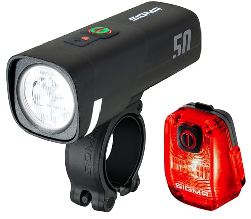 SIGMA LED Fahrradlicht Set Aura 50/ Hiro 10 | StVZO zugelassenes, akkubetriebenes Vorderlicht und Rücklicht | wetterfestes, wiederaufladbares Beleuchtungsset mit USB-C