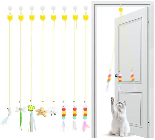Rbleote 8 Jeux pour Chat Canne A Peche Chat Equipé d'une Cloche Et d'un Cordon Élastique pour Passer Le Temps