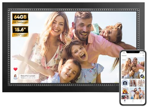 Digital bildram 15,6 tums digital fotoram med 64 GB lagring, 1920 x 1080 IPS FHD-pekskärm, WiFi smart ram dela foton och videor direkt från var som helst via AiMor-appen
