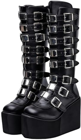 Jemnpela Women's Combat Boots Chunky Gothic Punk Platform Rave Boots with Metal Decor Wedge Sole Round Toe Mid-Calf/Knee High Motorcycle Shoes for Halloween Music Festivals Cosplay