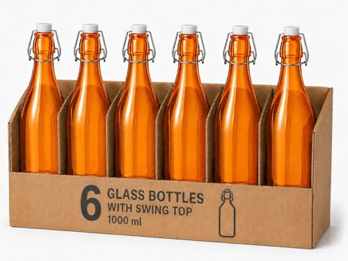 KWARE 1 Litre Traditional Vintage Style Glass Bottles with Swing Top Lids - Set of 6 Clear Bottles (Orange)