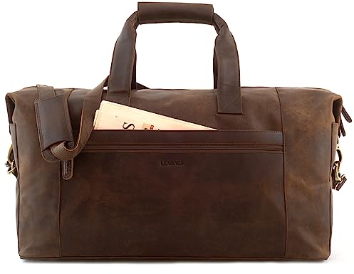 LEABAGS Leder Weekender Damen & Herren I Echtleder Premium Reisetasche I 41 l Sporttasche I Duffle Travel Gym Bag I Sporttasche I Trainingstasche I Tasche Flugzeug I groß I Nature Dunkelbraun