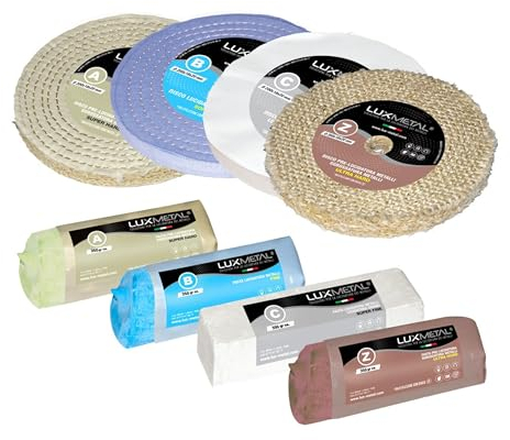 Lux Metal - Kit 4 Disques de Polissage de 200 mm et 4 Pâtes Abrasives de 350 gr - Parfaits pour polir des métaux tels que l'aluminium, le fer, l'acier inoxydable, le laiton, le cuivre, l'or, le marbre