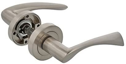 Amig - Set di 2 Maniglie in Argento a Rosetta Rotonda | Con Maniglia in Zamak | Finitura Cromata Opaca | Per Porte di Passaggio Interne | Diametro Rosetta Ø52 mm | Viti Incluse