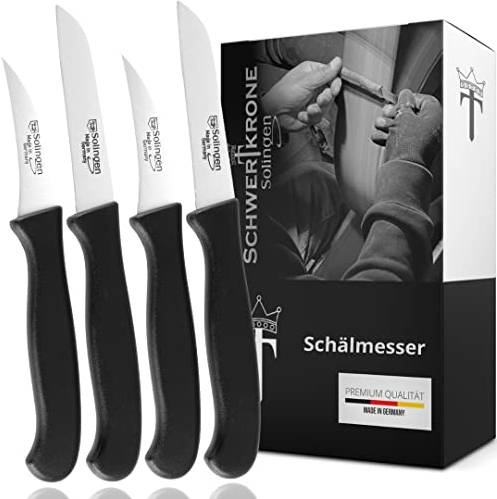 Schwertkrone® Coltelli da Cucina Set 4x [MADE IN GERMANY] - Spelucchino Curvo e Coltello Dritto per Frutta e Verdure - Coltello Affilato - Coltello Verdure - Lama Rigida - Coltelli Spelucchino