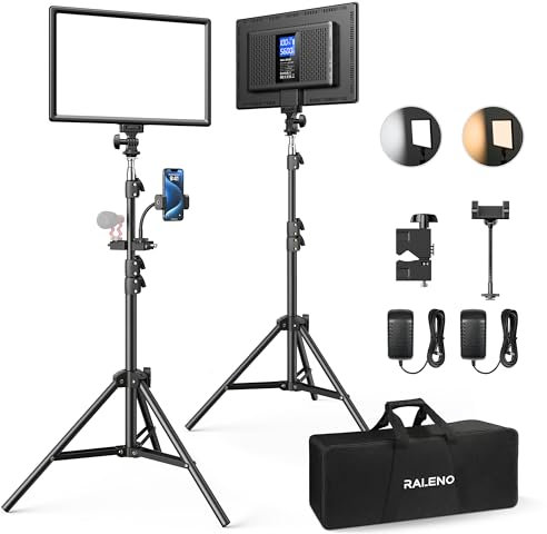 RALENO 2-Pack 13 LED Video Light Kit with 170cm Adjustable Stands and Phone Clip, 3200K-5600K Bi-Color and Built-in Battery, Studio Lighting for YouTube, Streaming, Photography, Video Recording