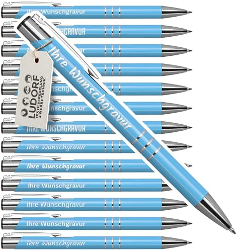 #teamludorf 50x DELTA UNI LACKIERT Metall-Kugelschreiber mit Wunsch-Gravur - Personalisierte Kulis - Stift mit Namen - 16 Farben & 20 Schriftarten - 50 Stück - Hellblau