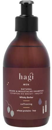 Hagi Whisky Barber Natürliches Bart- und Schnurrbartshampoo, Reinigung und Pflege von Bärten und Schnurrbärten, mit Kokosnuss, Weizenprotein, Gersten- und Hopfenextrakt, 300 ml