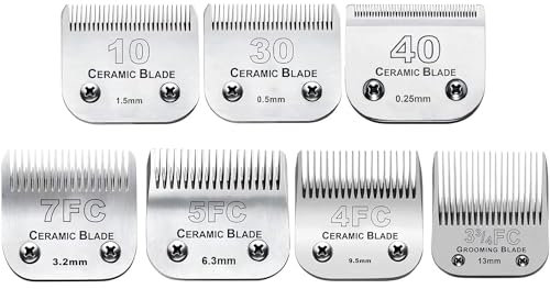 AUDOC 7 x Fellpflege-Klingen für Hunde, kompatibel mit Andis/Wahl/Oster Hundeschermaschinen, abnehmbare Keramikklinge und Edelstahlklinge, Größe: #3FC + 4FC + 5FC + 7FC + 10+30+40