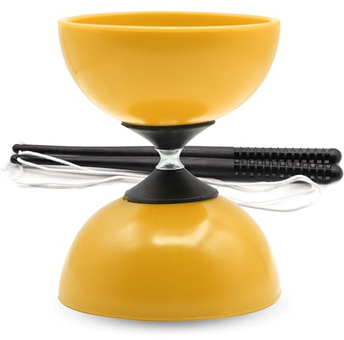 PLAYZOCO Diábolo para Malabares, Diábolo malabarismo, Juguete Infancia, Diabolo acrobático, Palos de plástico 28 cm, Medidas diábolo 15 cm x 11.5 cm diámetro, Apto para niños y Adultos, Amarillo