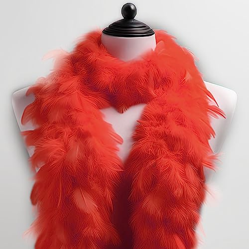 Kopper-24 Fjäderboa fjäderhalsduk, ca 180 cm längd tillverkad av äkta färgade fjädrar – perfekt kostymtillbehör, Charleston, 20-tals flapper, karneval, temafest, hantverk, dekoration (röd)
