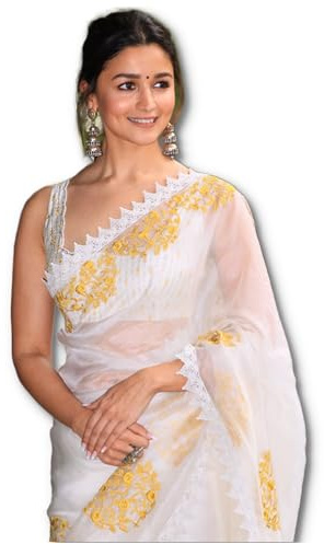 Sidhidata Women's Printed Pure Georgette Saree With Unstitched Blouse Piece (Rocky Aur Rani Ki Prem Kahani Saree) (White)