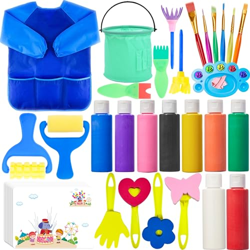 Lubibi Waschbare Fingerfarben für Kinder ungiftig,Fingerfarben Set,Malerset Für Kinder mit Fingermalfarben,wasserdichte Schürze,Pinsel,Pinsel,Palette,teiliges Kindermalset für Kleinkinder geeignet