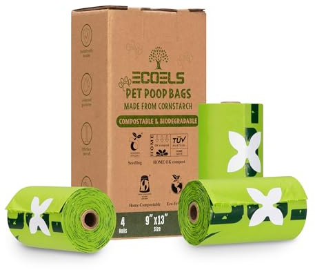 ECOELS Confezione da 4 rotoli da 60 sacchetti per escrementi per cani, 100% compostabili e biodegradabili, extra grandi, resistenti e a prova di perdite, realizzati con a