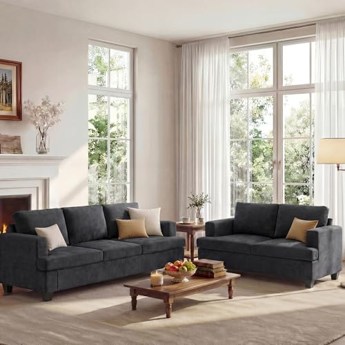 Apicizon Loveseat & 3 Seater Sofa Sets, 89 Couch Sofa Set for Living Room Furniture Sets, 2 Piece Deep Seat Sleeper Sofa, Couch and Loveseat Sets for Apartment, Dark Grey Chenille