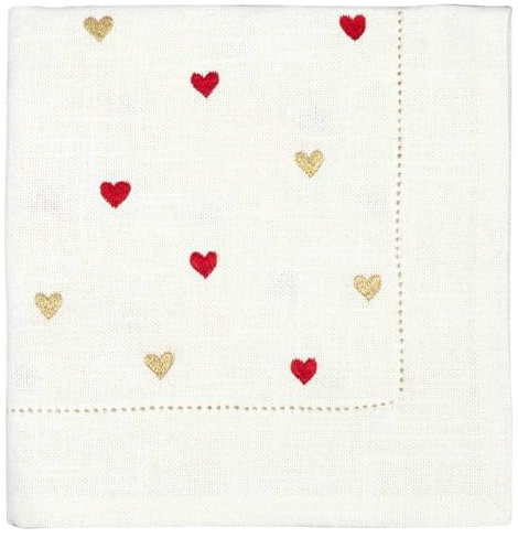 GreenGate Stoffserviette Grace Weiß mit Herzen gestickt in Rot und Gold