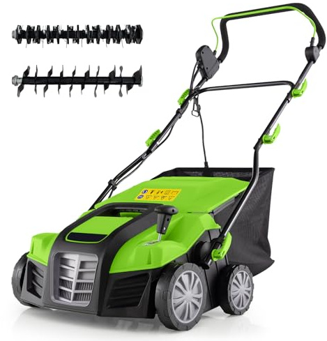 COSTWAY Elektro Vertikutierer & Rasenlüfter, 2000W | Arbeitsbreite 40 cm | 3500rpm | 55 L Auffangbehälter | 5 Stufen Arbeitstiefe | bis zu 800 ㎡ | 3 Stufen Höhenverstellung, Akku (Grün)