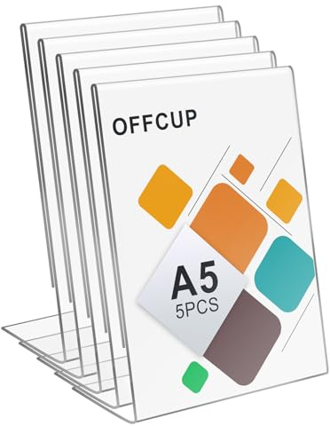 OFFCUP Supporti per Cartelli in Acrilico A5, 5 Pezzi Espositore da Tavolo, Espositore Plexiglass di L, Porta Menu per Ristoranti Hotel Negozio Ufficio