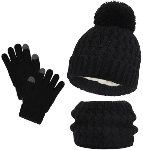 MUNSKT Juego de 3 gorros, bufandas y guantes de invierno de ganchillo grueso y esponjoso para niños de 2 a 8 años, multicolor iridiscente, talla única