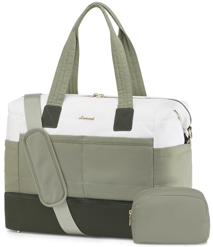 LOVEVOOK Resväska dam Weekender Bags stor sportväska handbagage väska klinikväska födelse resa duffle Bag med toalettväska skofack, B-beige olivgrön, 52x38 x25CM (50L)