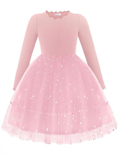 Arshiner Filles Robes Tulle Paillette Enfants À Col Plissé et Lignes a Festive Automne Hiver Manches Longues Robe pour Filles 2-7 Ans