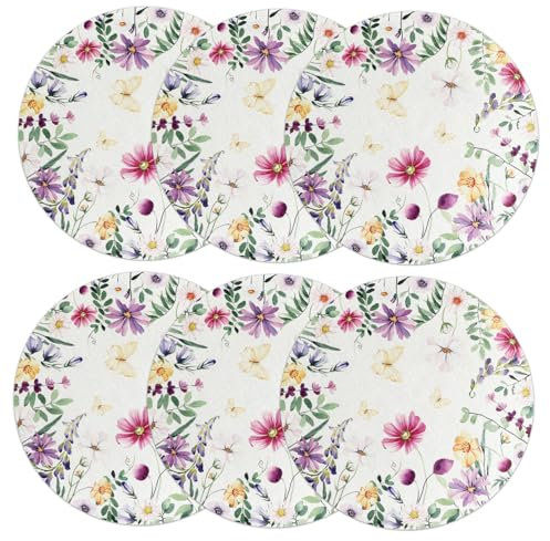 SOLUSTRE 6pezzi Tovaglietta Rotonda in Lino Motivo Floreale Tovagliette Da Tavolo Per Pranzi Quotidiani e Riunioni Facili Da Pulire e Effetto Decorativo Stagionale