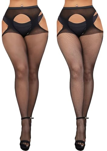 GWAWG Collant elasticizzati aperti all'inguine, calze a rete nere per donna, lingerie