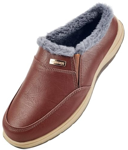 GURGER Zapatillas de Estar por Casa de Hombre Invierno de Cuero Forro Peluche Cálido Zuecos y Mules Cómodas Antideslizantes Piel Pantuflas para Interior y Exterior, Marrón oscuro 43