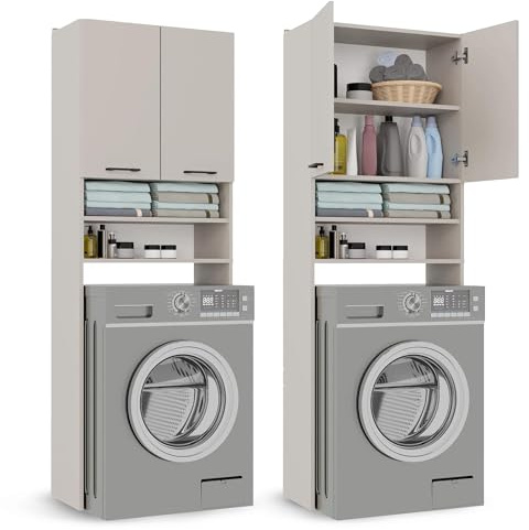 CDF Waschmaschinenschrank 2 Türen Hochschrank Badschrank Hochschrank Überbauschrank für Waschmaschine, Wäschetrockner Badezimmer Schrank Möbel Waschmaschinenumbauschrank Kashmir (beige) 30x64x180 cm