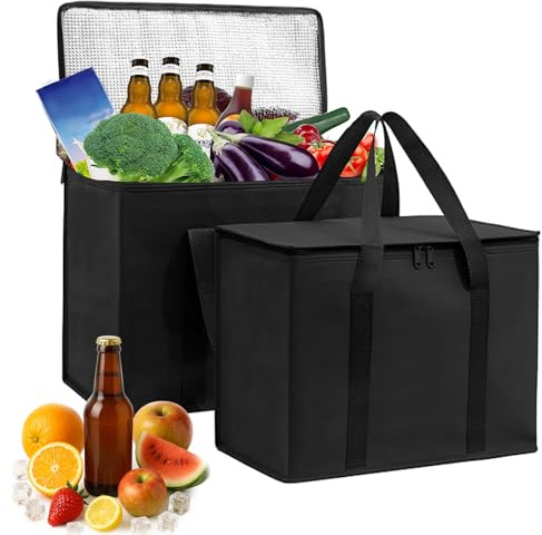 2 Stück Isolierte Kühltasche 35L Faltbar, Wiederverwendbar, Auslaufsicher & Wasserdicht Picknicktasche für Essen & Getränke, Outdoor Reisen, BBQ Camping; Thermobox mit Stabiler Verarbeitung(Schwarz)