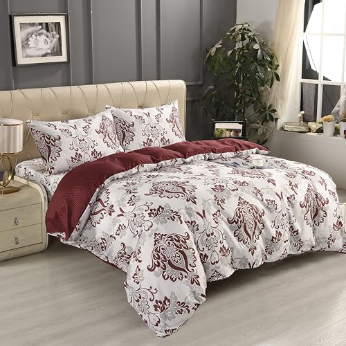 Textile Home Home Décor Burgundy Floral Super King Bedding Set 4 Piece - Breathable Microfibre Full Bedding Pack