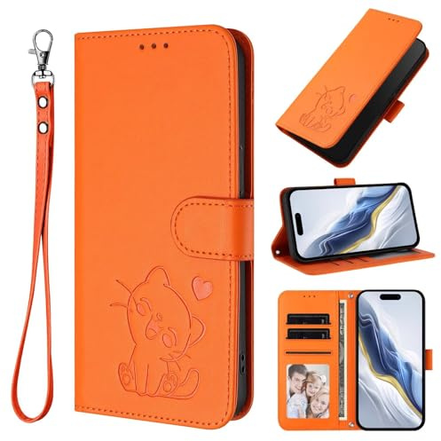 TUUNKMUY för Cricket Debut S3 fodral, flip PU-läder präglad katt stöttåligt bokplånbok fodral med stativ magnetisk folio TPU stötfångare gel skyddande telefonskydd för cricket debut S3 orange