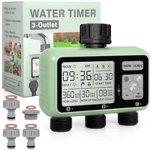 JUQG Temporizadores para Mangueras, Temporizador de Riego Automático, Temporizador de Riego de Jardín con Pantalla LCD, Modo de Bloqueo para Niños/Riego Retrasado por Lluvia/IPX5 Resistente al Agua