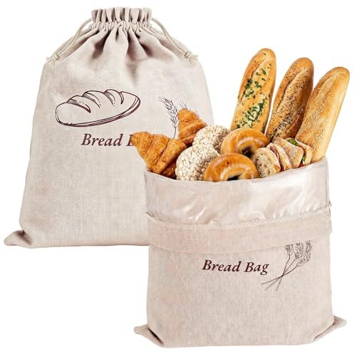 2 Pack Bread Bags, Bread Storage Bags with TPU Lined and Drawstring | Bread Bags For Homemade Bread, Reusable Linen Bread Bag for Bread, Potatoes, And Other