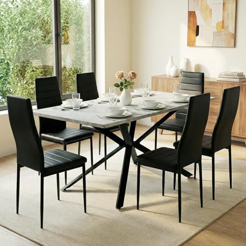 FURNITABLE Mesa de comedor con 6 sillas, grupo de comedor, mesa de cocina rectangular extensible y 6 sillas de comedor de piel sintética para cocina, salón, oficina, 160 x 80 x 75,5 cm (mesa+6 sillas