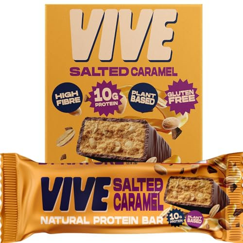 Vive Vegan Protein Salted Caramel Bar - 100% Plant Based High Protein - Natural Sugar Chocolate Coated Snack - Pack of 12