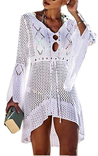Jinsha-Bikini Cover-Up Pareos-Strandponcho Strandkleider-Gestrickte Damen-Sommer - Beach Swimwear Badeanzug Kurze Dress Sexy Mode Boho Elegant Festival Outfit Bikini & Strandkleider für Damen weiß